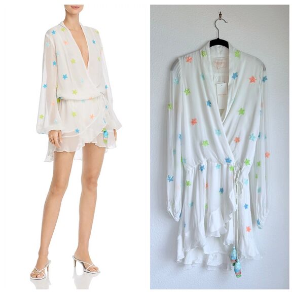NWT Rococo Sand Sequined Star Women's Chiffon Wrap Dress in White Size XS - Picture 1 of 16